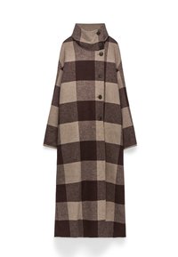 Tunika lunga in misto lana a fantasia check marrone e beige, con colletto alto e cinque bottoni sul davanti. Vestibilità generosa e maniche.