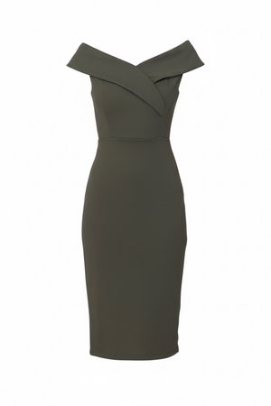 Λαδί πράσινο midi φόρεμα με στενή εφαρμογή και ακάλυπτους ώμους, με φαρδιά επικάλυψη στο ντεκολτέ και ραμμένη μέση.