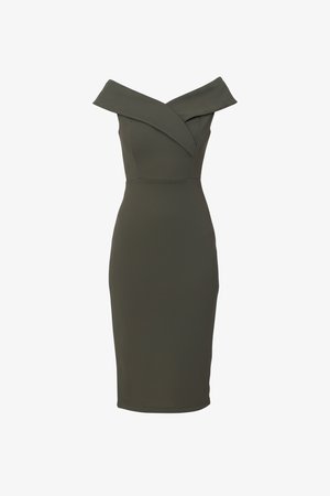 Olívazöld, vállat szabadon hagyó, testhez simuló midi ruha széles, átfedő kivágással és szabott derékkal.