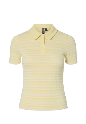 Gul og hvit stripete polo-skjorte med kortermet design, knappestolpe og krage, laget av teksturert stoff.