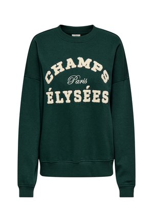 Zöld pulóver klasszikus kerek nyakkal. Fehér bolyhos felirat díszíti, amelyen az "CHAMPS ÉLYSÉES" és "Párizs" feliratok szerepelnek. Puha anyag, laza szabás.