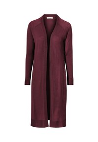 Lange bordeauxkleurige cardigan van een lichtgewicht breiwerk. Open voorkant, geribde manchetten en zoom, met een gladde textuur en zonder sluitingen.