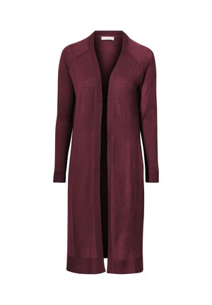 Lang burgunderfarvet cardigan lavet af et let strik. Åben front, ribbet manchetter og kant, med en glat tekstur og uden lukninger.