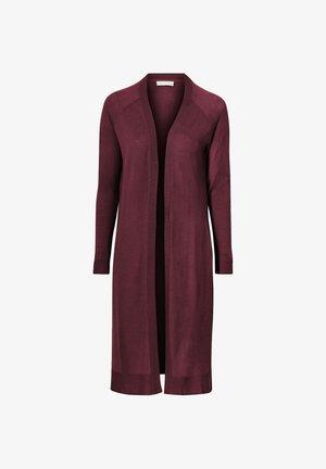 Long burgundy cardigan made of a lightweight knit. Open front, ribbed cuffs and hem, with a smooth texture and no fastenings.