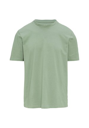 Hellgrünes Baumwoll-T-Shirt mit Rundhalsausschnitt, kurzen Ärmeln und dezentem, auf der Brust gesticktem Markenlogo. Weicher Stoff.