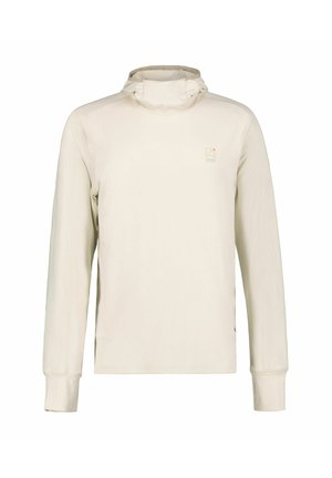 Lichtbeige lange mouwen trui met een capuchon, klein minimalistisch logo op de linkerborst en geribbelde manchetten.