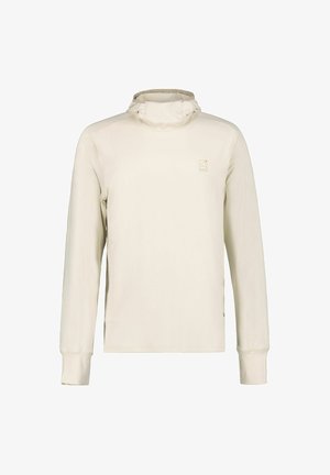 Lichtbeige lange mouwen trui met een capuchon, klein minimalistisch logo op de linkerborst en geribbelde manchetten.