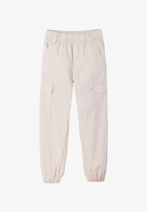 Beige Cargohosen mit elastischem Bund und Bündchen, seitlichen Klappentaschen und schrägen Eingrifftaschen.