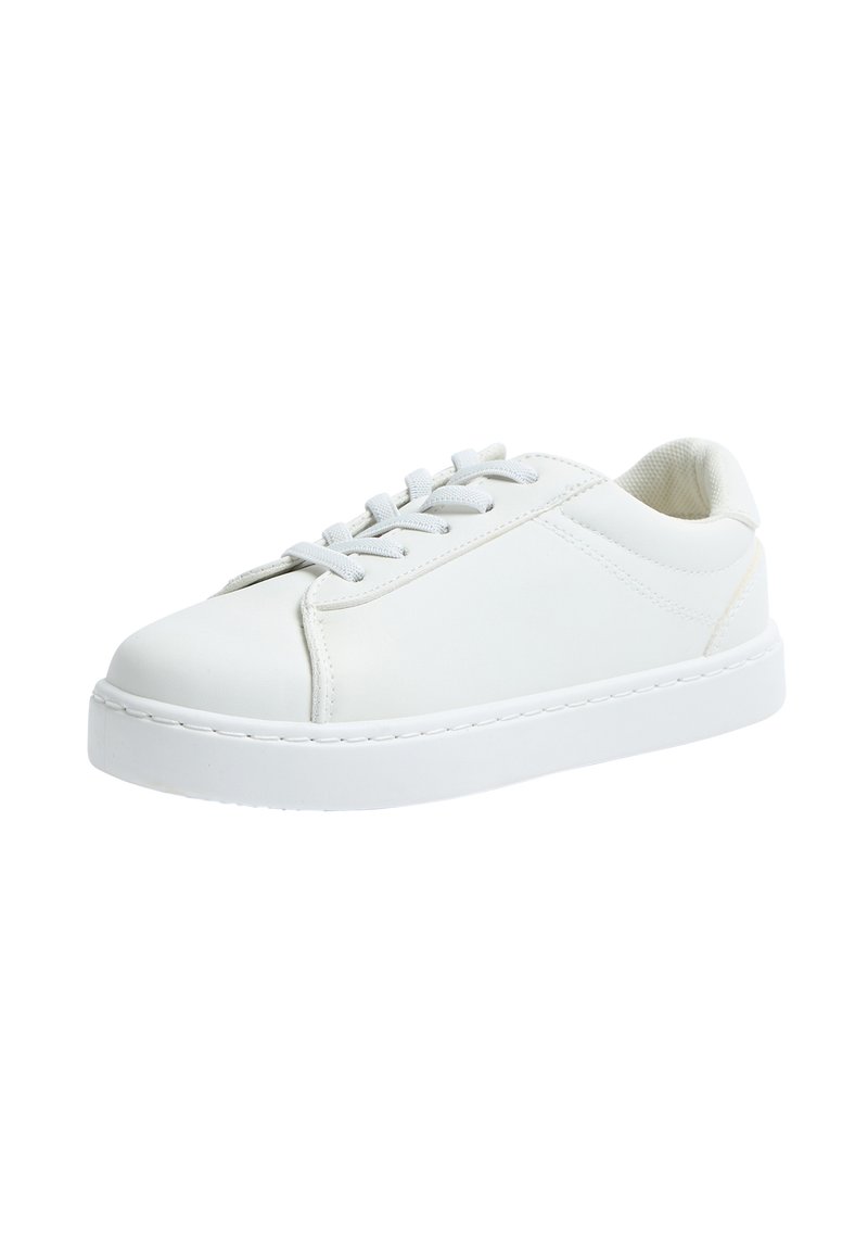Sneaker bianco con tomaia in pelle liscia, punta rotonda e design con lacci. Presenta una spessa suola in gomma bianca e dettagli di cucitura minimi.