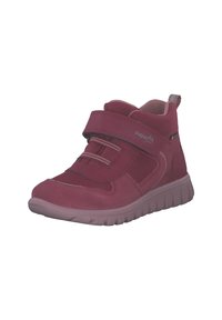 Sneaker bordeaux per bambini con dettagli in rete e camoscio, dotata di lacci elastici, un cinturino in Velcro e suola in gomma.