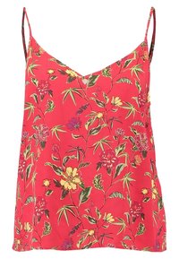 Rød blomster camisole med justerbare spaghettistropper, der har en v-udskæring og et mønster af gule, pink og grønne blomster på blødt stof.