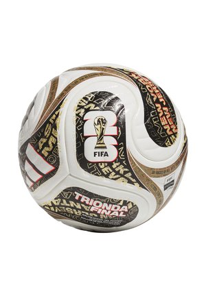 Weißer Fußball mit schwarzen und goldenen Mustern, FIFA-Logo und Text "Trionda Final" auf seiner Oberfläche.