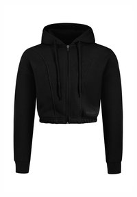 Sweat à capuche court noir zippé avec manches longues, capuche à cordon et ourlet élastique, avec un détail de couture subtil et un petit logo devant.