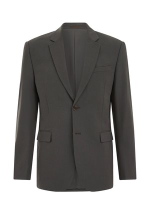 Blazer gris oscuro hecho de tela suave, con cierre de un solo botón, solapas con muesca y dos bolsillos frontales. Diseño limpio y ajustado.