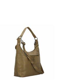 Borsa a spalla in pelle color tan con tracolla regolabile, tasca con zip e logo impresso. Texture liscia con un design minimalista.
