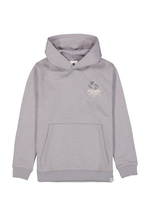 Lichtgrijze hoodie met voorzak en capuchon, met een kleine witte afbeelding en tekst op het linkerborstgebied.