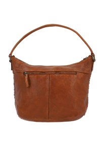 Borsa a spalla in pelle marrone con manico curvo, dotata di una tasca con zip sulla parte anteriore e una superficie liscia e texture.