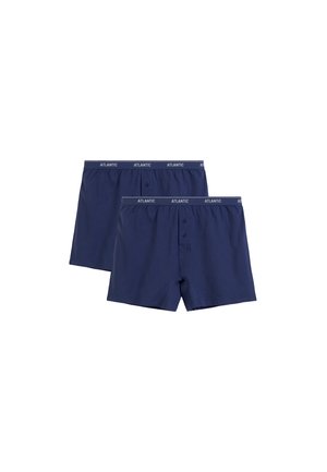 Dwie pary granatowych bokserek z guzikiem z przodu i napisem „ATLANTIC” na elastycznych ściągaczach w pasie.