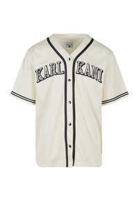 Koszulka baseballowa z krótkim rękawem w kremowym kolorze, z czarnym zapięciem na guziki i napisem "KARL KANI". Wykończona czarnymi paskami na kołnierzu i rękawach.