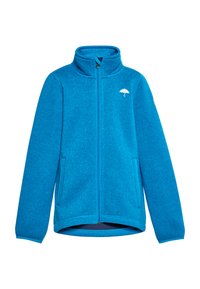 Giacca a zip in pile blu con colletto alto, due tasche laterali e un logo a forma di ombrello bianco sul petto. Texture morbida e vestibilità rilassata.