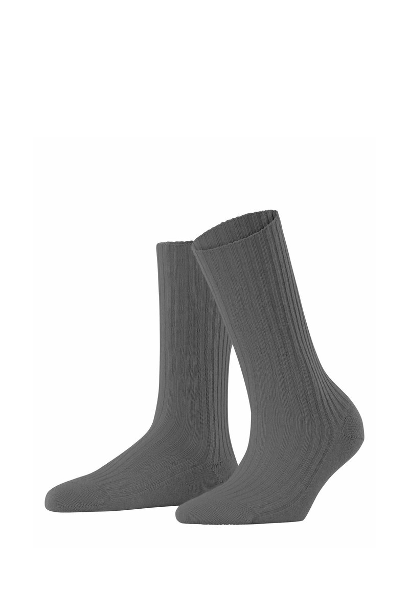 Calze in cotone grigio con texture a coste e lunghezza a metà polpaccio, dotate di punta senza cuciture e di un morbido orlo elastico per una vestibilità sicura.