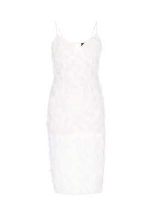 Weißes Kleid mit gefiederter Textur, enger Passform, Spaghetti-Trägern und mittellangem Design. Glatte Stoffkonstruktion und einfarbig.