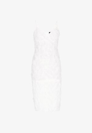 Balta kleita ar spalvu tekstūru, pieguļošs stils, smalkas plecu siksniņas un vidēja garuma dizains. Gluda auduma konstrukcija un viendabīga krāsa.