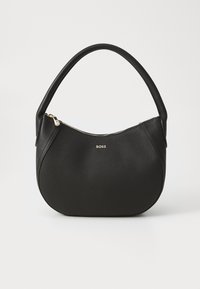 Black leather handbag with a rounded shape and a single top handle. Features a zip closure and a subtle gold logo on the front.