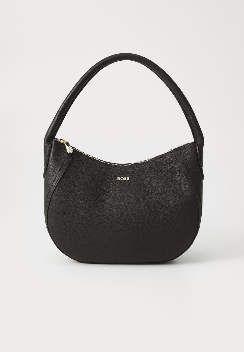 Black leather handbag with a rounded shape and a single top handle. Features a zip closure and a subtle gold logo on the front.