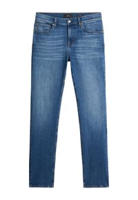 Niebieskie dżinsy o prostym kroju, z zamek błyskawicznym, pięcioma kieszeniami i delikatnym wyblaknięciem. Klasyczne szwy i mosiężne akcesoria.