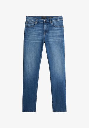 Niebieskie dżinsy o prostym kroju, z zamek błyskawicznym, pięcioma kieszeniami i delikatnym wyblaknięciem. Klasyczne szwy i mosiężne akcesoria.