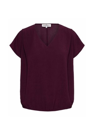 Kortemouwen, paarse blouse met V-hals, elastische zoom en een label bij de halslijn tegen een witte achtergrond.