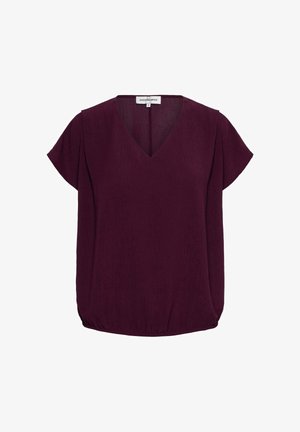Kortemouwen, paarse blouse met V-hals, elastische zoom en een label bij de halslijn tegen een witte achtergrond.