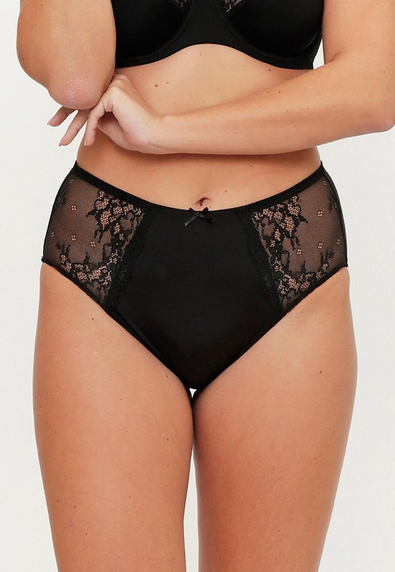 Culotte noire taille haute en tissu lisse, avec des panneaux en dentelle, des motifs floraux et un petit nœud central à la taille.
