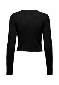 Maglione corto nero con maniche lunghe, caratterizzato da un motivo a trecce testurizzato e un collo arrotondato.