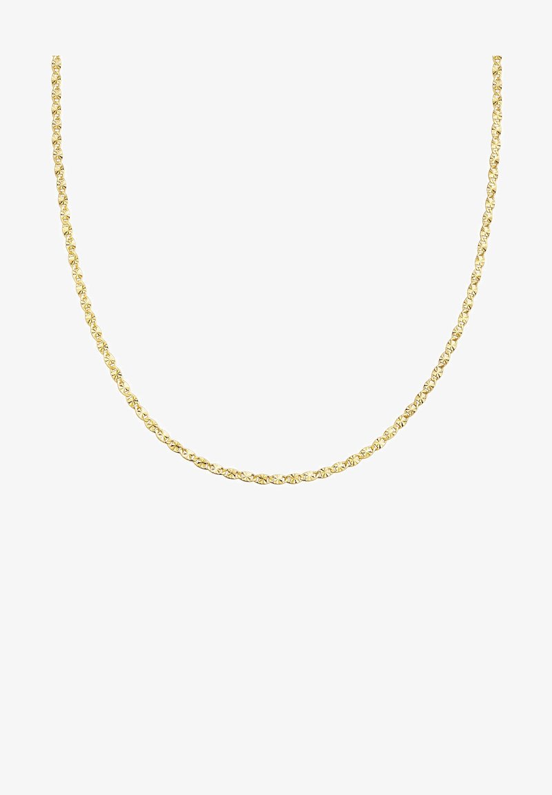 Auksinė grandinėlė su susuktų formų dizainu, kuriame yra tarpusavyje susijungusių grandinėlių ir blizgantis paviršius. Sklandus tekstūros paviršius ir vienoda spalva visame ilgume.