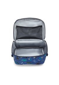 Lunch box isolato con un'esterno blu caratterizzato da disegni a tema marino. Include un interno argentato, due scomparti e una tasca a rete.
