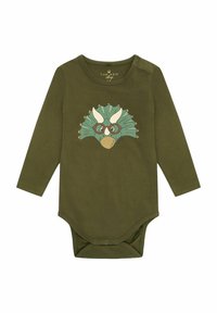 Zeleno-olivový body s dlhým rukávom vyrobené z mäkkého bavlneného materiálu, s potlačou dinosaura s okuliarmi na prednej strane a zapínaním na patentky na spodku.