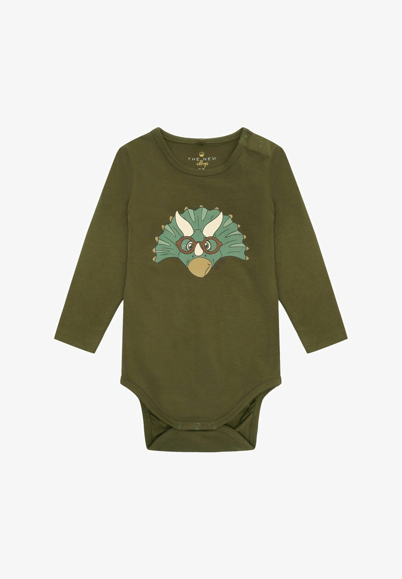 Olivnozeleni bodysuit z dolgimi rokavi, izdelan iz mehkega bombaža, na sprednji strani z natisnjenim dinozavrom z očali in zapiranjem na gumb na dnu.
