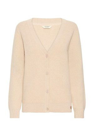 Beige knitted cardigan featuring a V-neck, long sleeves, and six buttons at the front. Textured fabric with ribbed hem and cuffs.