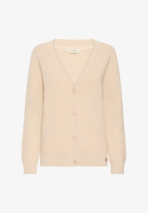 Beige adīta kardigāna, kas piedāvā V-veida kakla izgriezumu, garas piedurknes un sešus pogas priekšpusē. Tekstūrēts audums ar ribotu apakšmalu un aprocēm.