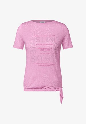 Różowa koszulka z krótkim rękawem o teksturowanym wykończeniu, z nadrukowanym inspirującym tekstem i wiązaniem po boku u dołu.