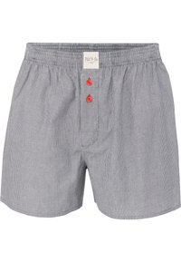 Boxer shorts rayés bleus et blancs en coton, dotés d'une taille élastique et de deux boutons rouges à l'avant. Étiquette de petite taille incluse.