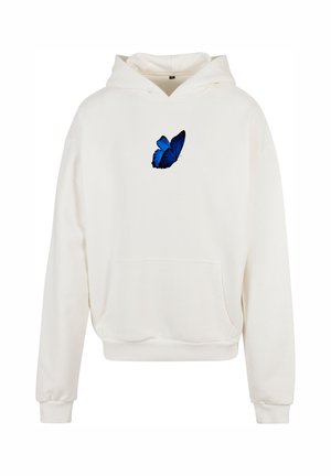 Felpa bianca con tasca anteriore, con una grafica di una farfalla blu sul petto. Realizzata in tessuto morbido e spesso con cappuccio regolabile.
