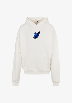 Valge kapuutsiga sviiter, millel on ees tasku, ja rinnal sinine liblikas. Valmistatud pehmest ja paksust kangast, millel on stringiga kapuuts.