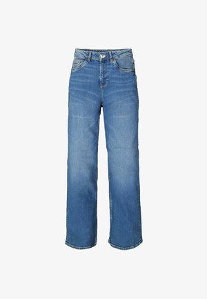 Blauwe denim wijde jeans met een hoge taille, voorzien van een knoopsluiting aan de voorkant, vijf zakken en subtiele vervaging over de stof.