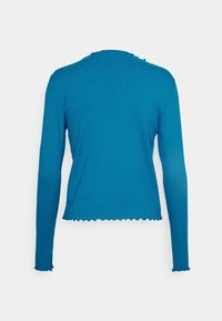 Blaues, geripptes Langarmoberteil mit gewelltem Saum und Bündchen, ausgestattet mit einem Rundhalsausschnitt und einer glatten Oberfläche.