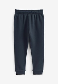 Marineblaue Jogginghosen aus weichem Stoff, mit einem elastischen Bund und gerippten Bündchen, die über eine glatte Textur und eine taillierte Passform verfügen.