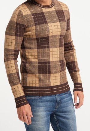 Mann trägt einen langärmeligen Pullover mit beigen und dunkelbraunen Karos, kombiniert mit blauen Jeans, steht vor einem einfarbigen Hintergrund.