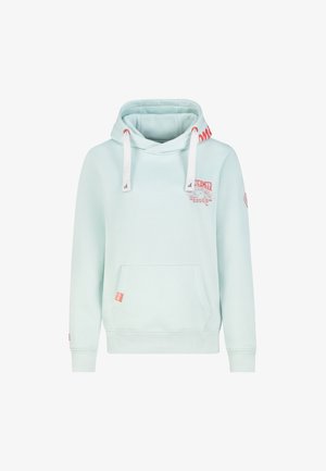 Hellblauer Kapuzenpullover mit Kängurutasche, Kordelzugkapuze und rotem Grafikdruck. Gerippte Bündchen und Saum. Weiches, strukturiertes Material.
